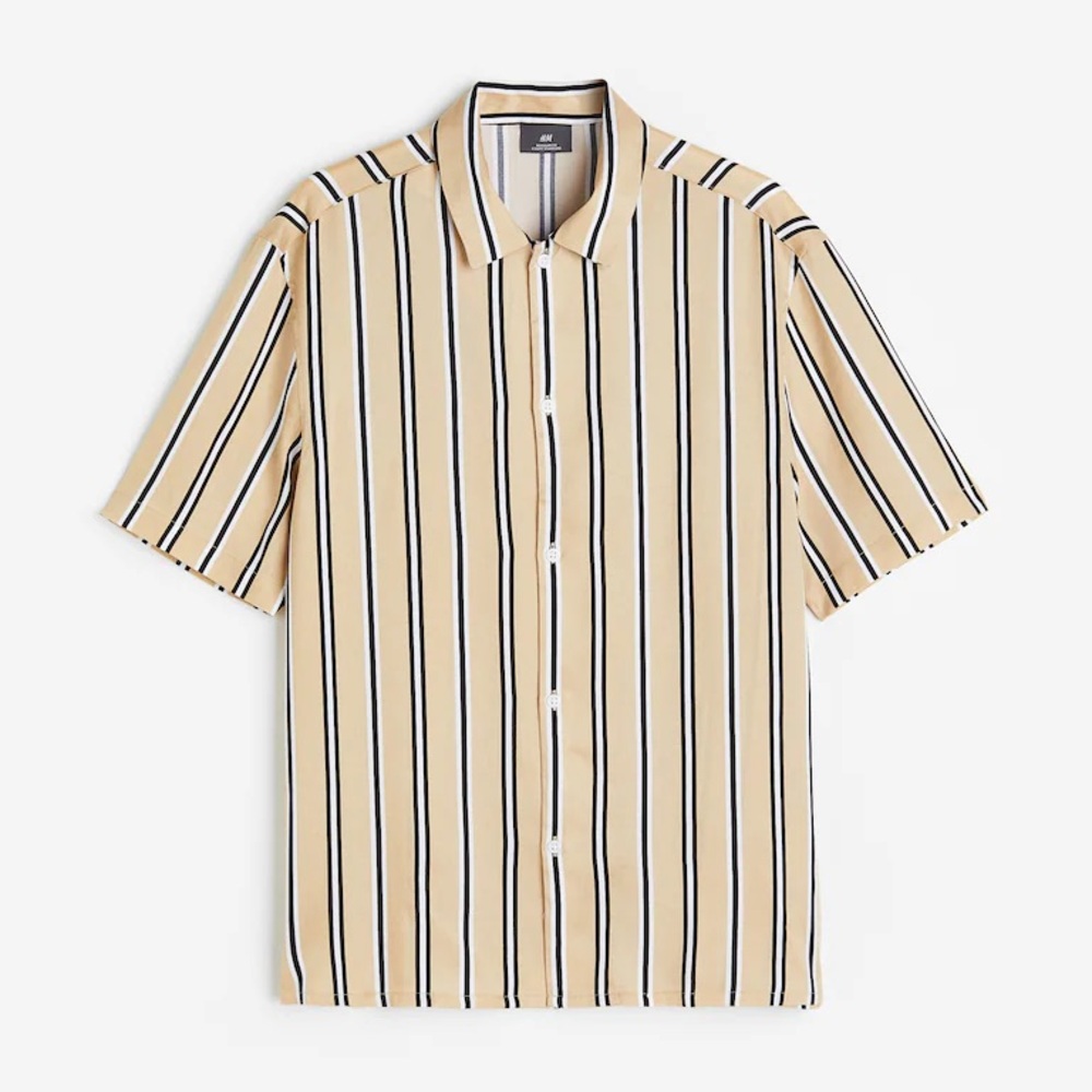 H&M Mens Regular Fit Lyocell Short Sleeve Button Down Shirt Tan Black Stripe NWT